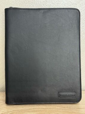 Perry Ellis Vintage Black Leather Round Zipper Document Portfolio Organizer